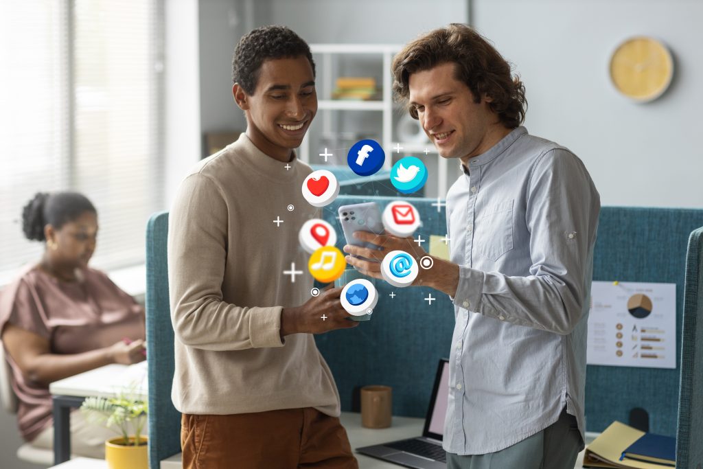 influencers checking difference social media apps for restaurant brand
